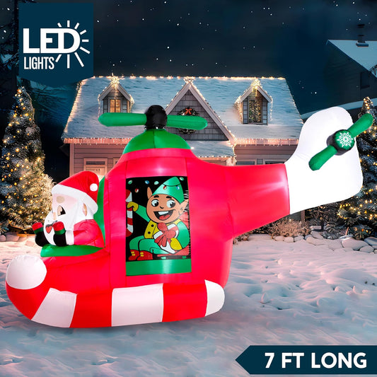 (7FT) Long Christmas Inflatable Santa Elf on Animated Helicopter, Blow Up Santa Inflatable on Flying Airplane with Rotating Propeller Decor