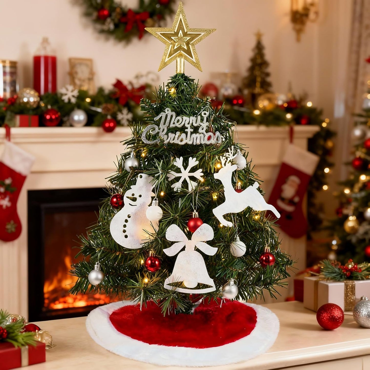 24"/2FT Small Christmas Tree w/ Lights Star Tree Top and Ornaments - Battery Operated Pre-lit