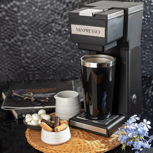 Mixpresso Koffiemaker Enkelbediening Vir Gemaalde Koffie & Versoenbaar Met K-beker Peule, Met 14oz Reisbeker & Herbruikbare Filter Vir Huis, Kantoor & Kampering.