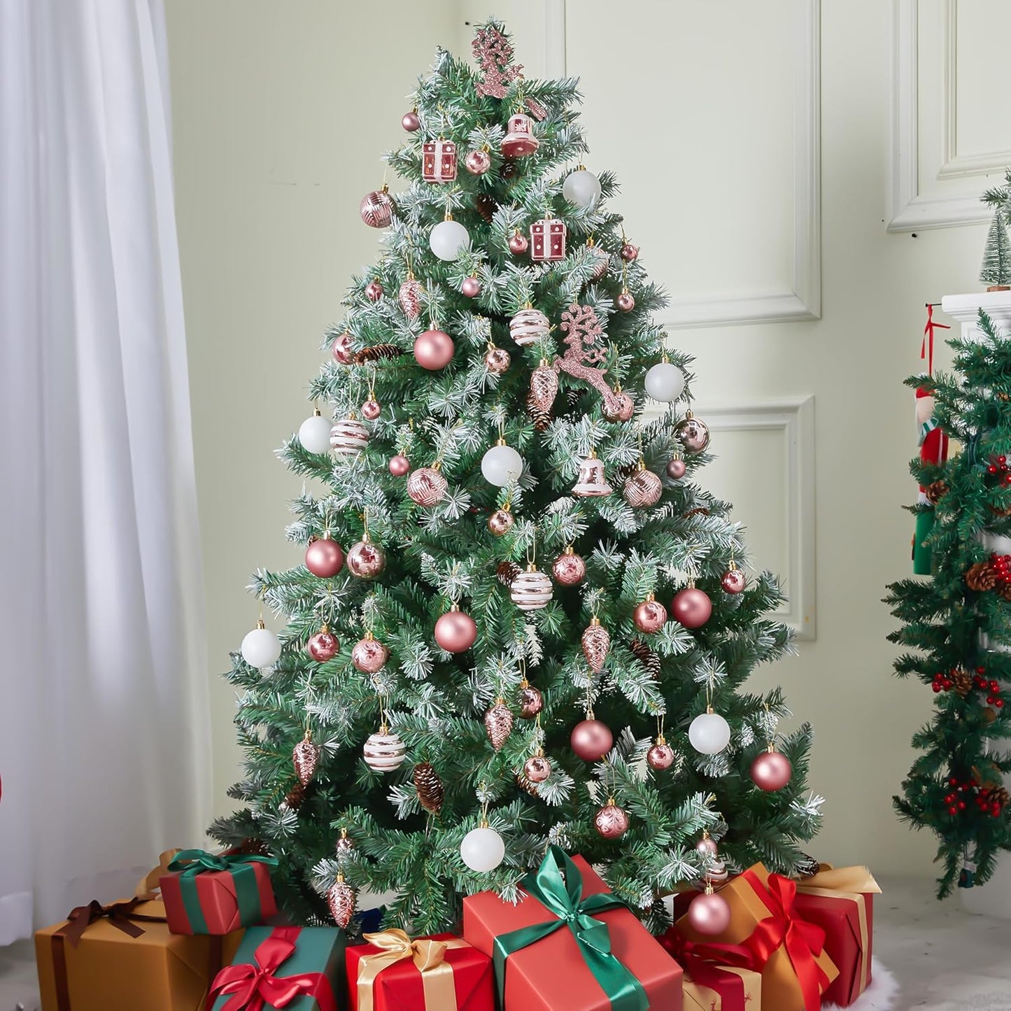 (66 PCS) Christmas Balls Ornaments Set, Pink Shatterproof Plastic Christmas Tree Ornaments Decoration