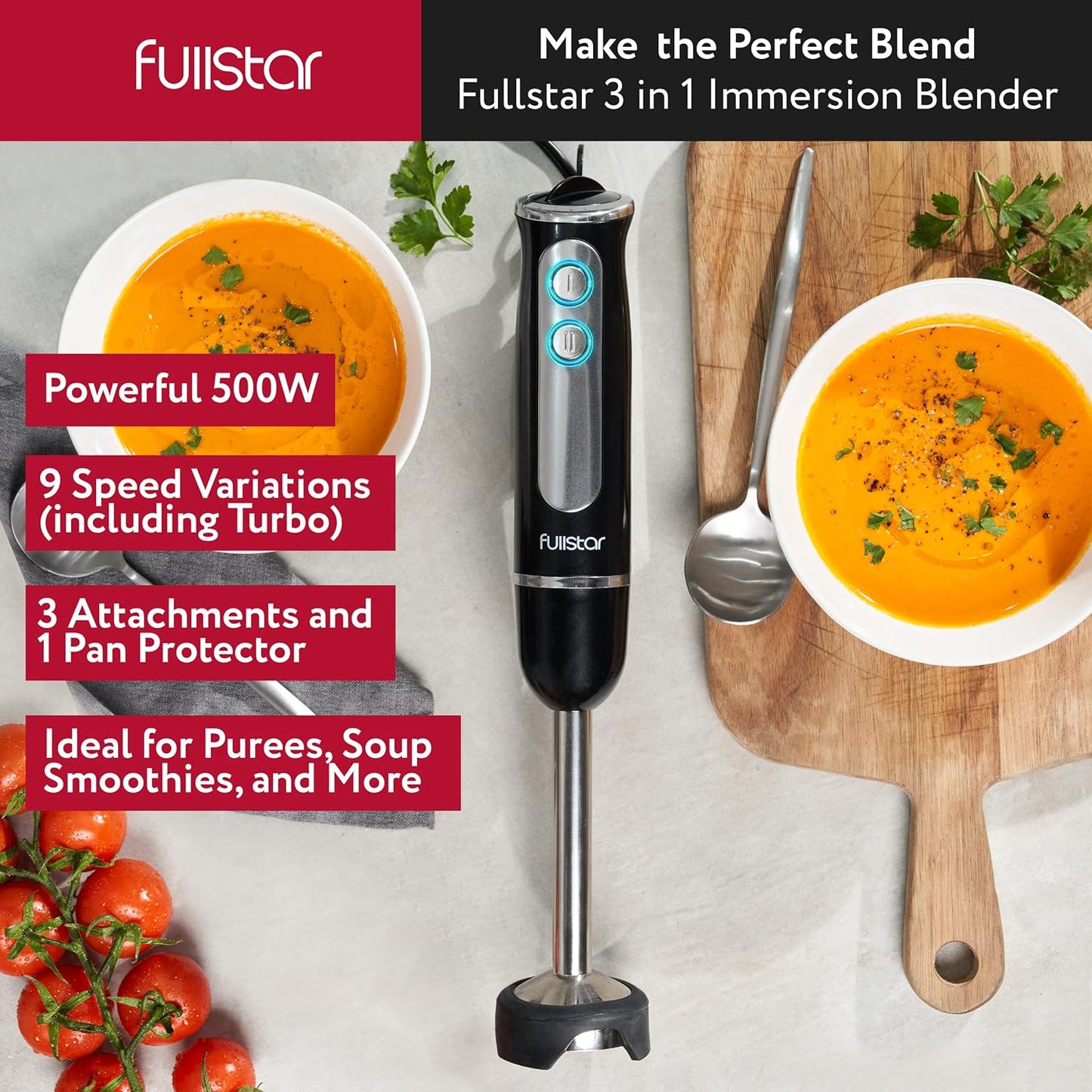 Fullstar Dompelmengerstel, 9-Spoed 500W Handgedraagde Elektriese Handmenger, Smoothiemenger (3-in-1, Swart)