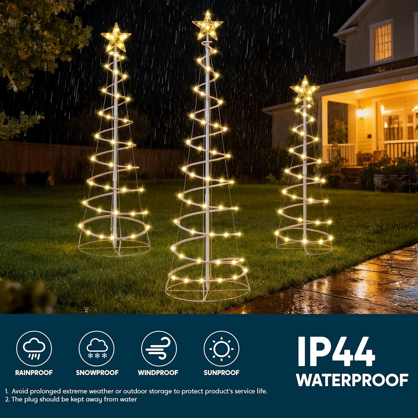 (3 Pack) Spiral Christmas Tree Lights, 218 LED Outdoor Lighted Tree with Star Topper & Stakes, Christmas Decorations - Warm White