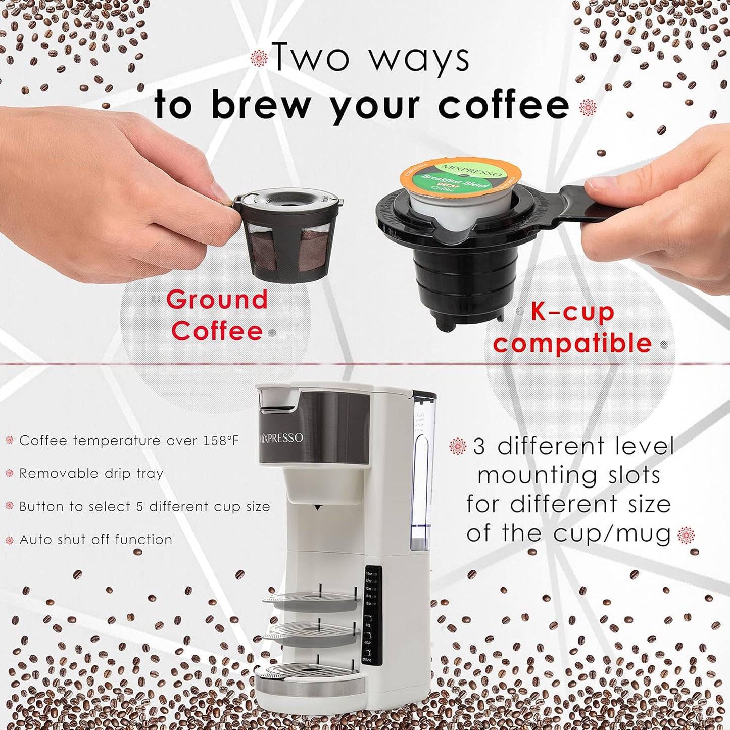 Mixpresso Wit Enkelbedien Koffiebrouer K-Cup Peule Versoenbaar & Gemaal, 30 oz Kompakte Koffiemaker Enkelbedien Met 5 Brougroottes Tot 14 Oz, Pas Reismbeker, Verstelbare Drupbak