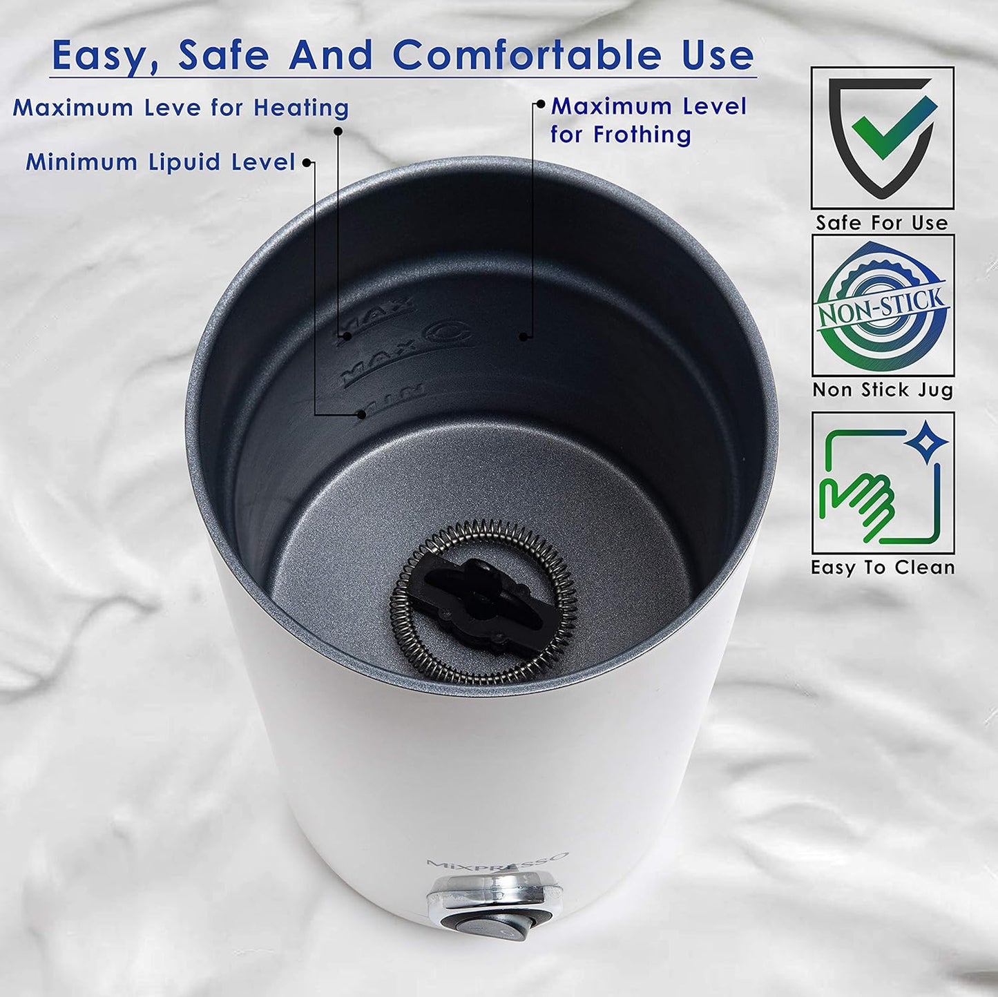 Mousseur à Lait Électrique Mixpresso, Cuiseur Vapeur et Chauffe-Lait en Acier Inoxydable, Arrêt Automatique, Intérieur Antiadhésif, Froid au Toucher, Capacité 280ml/180ml, Mousseur Électrique Blanc