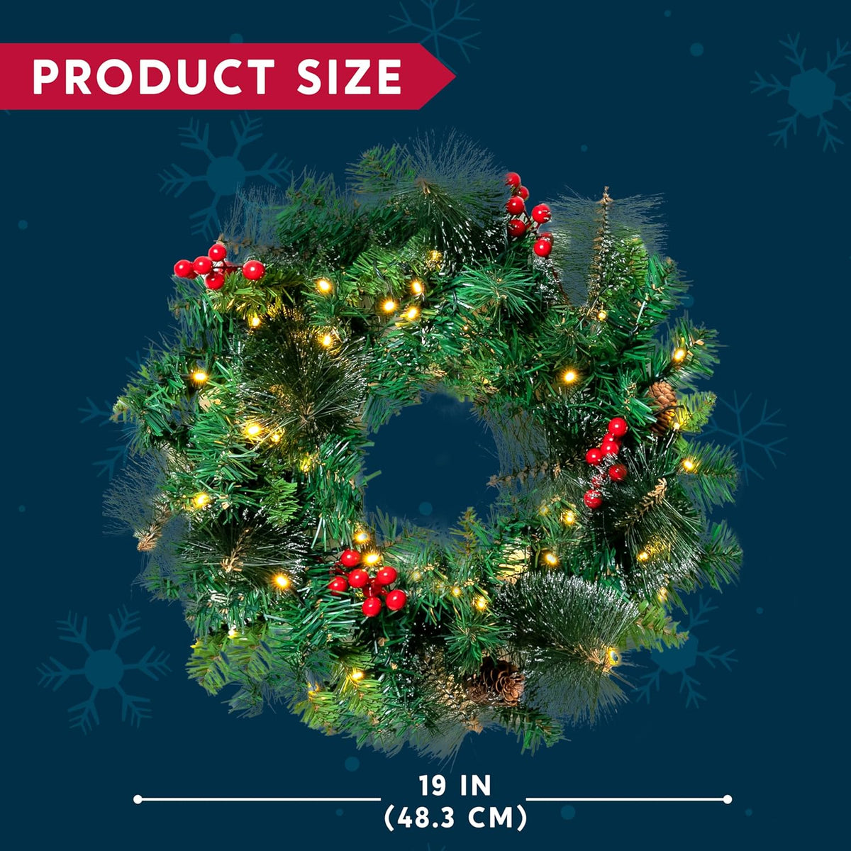 19" Christmas Pre-Lit WreathLED Lights with Ribbon (3 PCS) Wreaths Christmas Decorations - Battery Operated