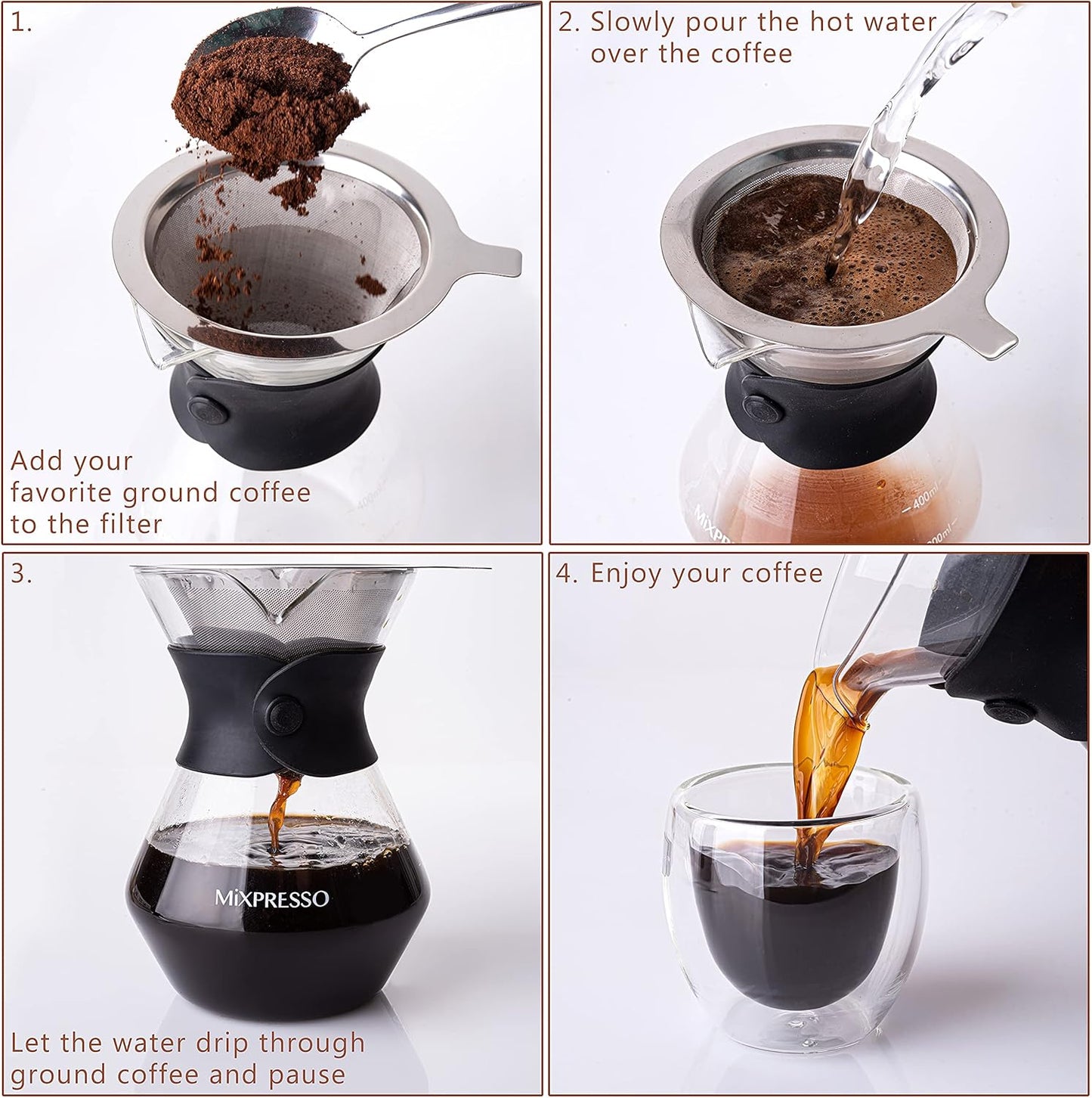 Mixpresso Pour Over Koffiemakerstel Glaskaraf Borosilikaat Wit Beskermende Silikoonmou, Pour Over Koffie-drupperbrouer Met Dubbellaag Vlekvrye Staal Filter 13.5 Oz
