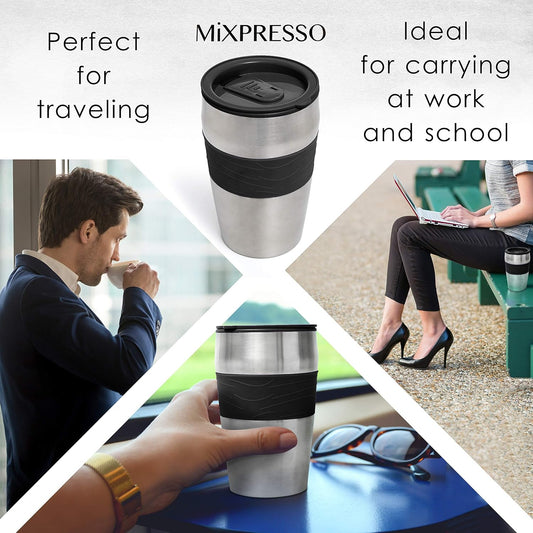 Mixpresso 2-in-1 Maal-en-Brou Outomatiese Persoonlike Koffiemaker, Outomatiese Enkelbedien-Koffiemaker met Ingeboude Maalmasjien en 14oz Reisbeker, Outo-afskakelfunksie, Swart Reiskoffiemaker