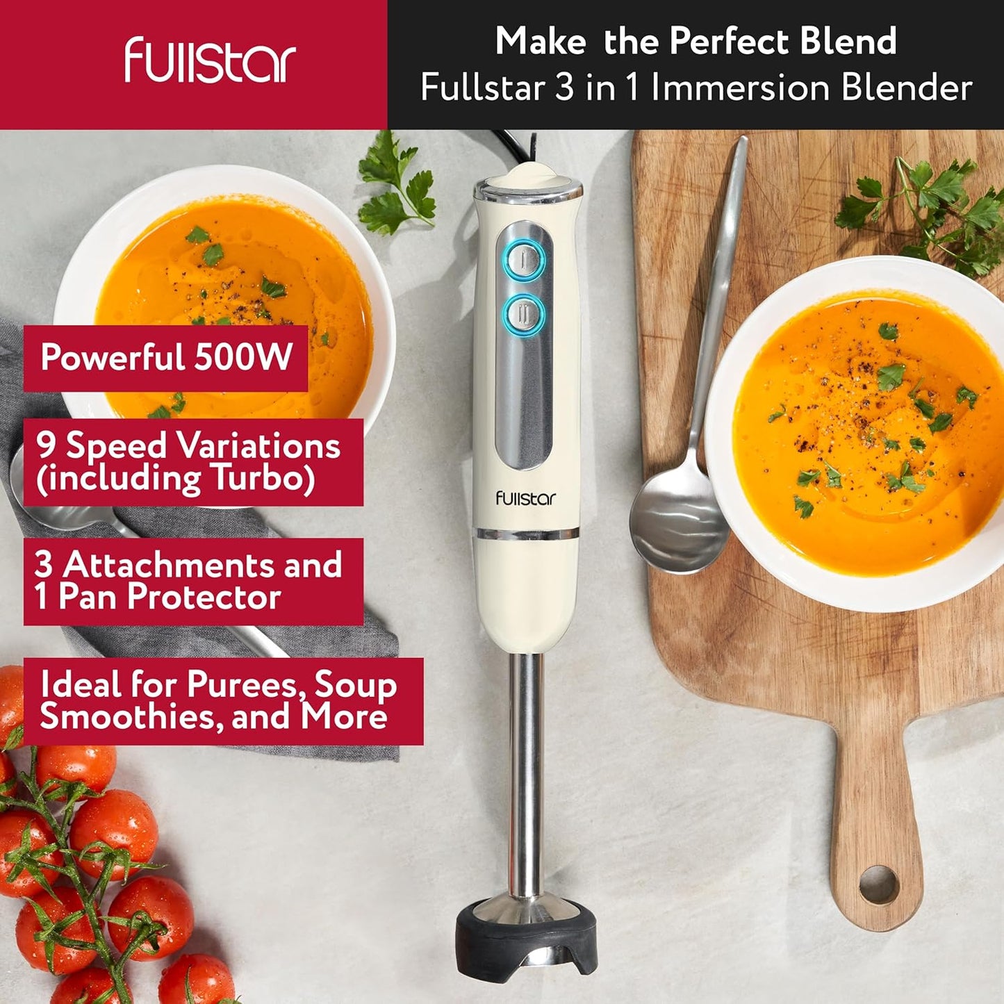 Fullstar Immersion Blender-stel, 9-spoed 500W Handgehoue Elektriese Handmenger, Smoothiemenger (3-in-1, Wit)