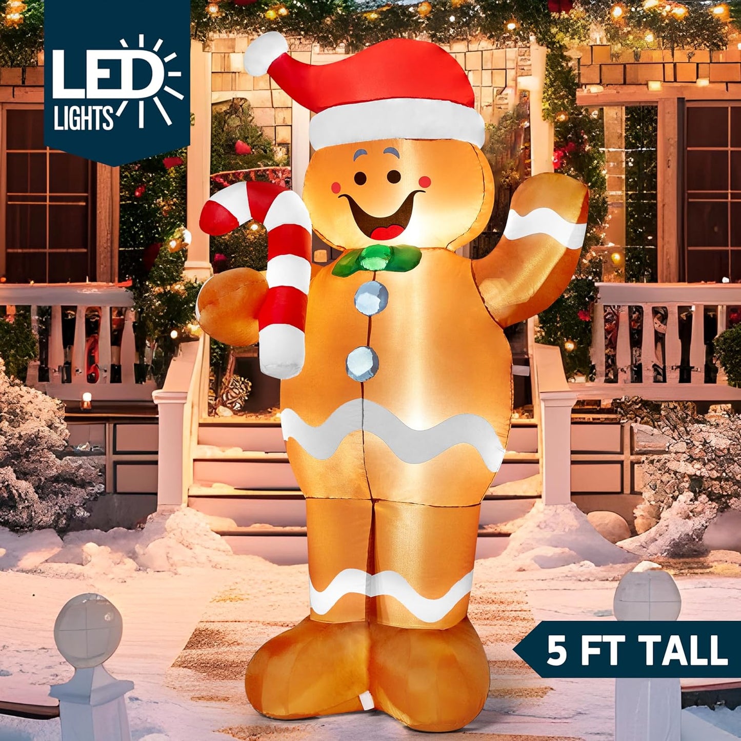 5 FT Christmas Inflatable Decorations, Christmas Blow Ups Gingerbread Man Yard w/ Candy Canes Decor