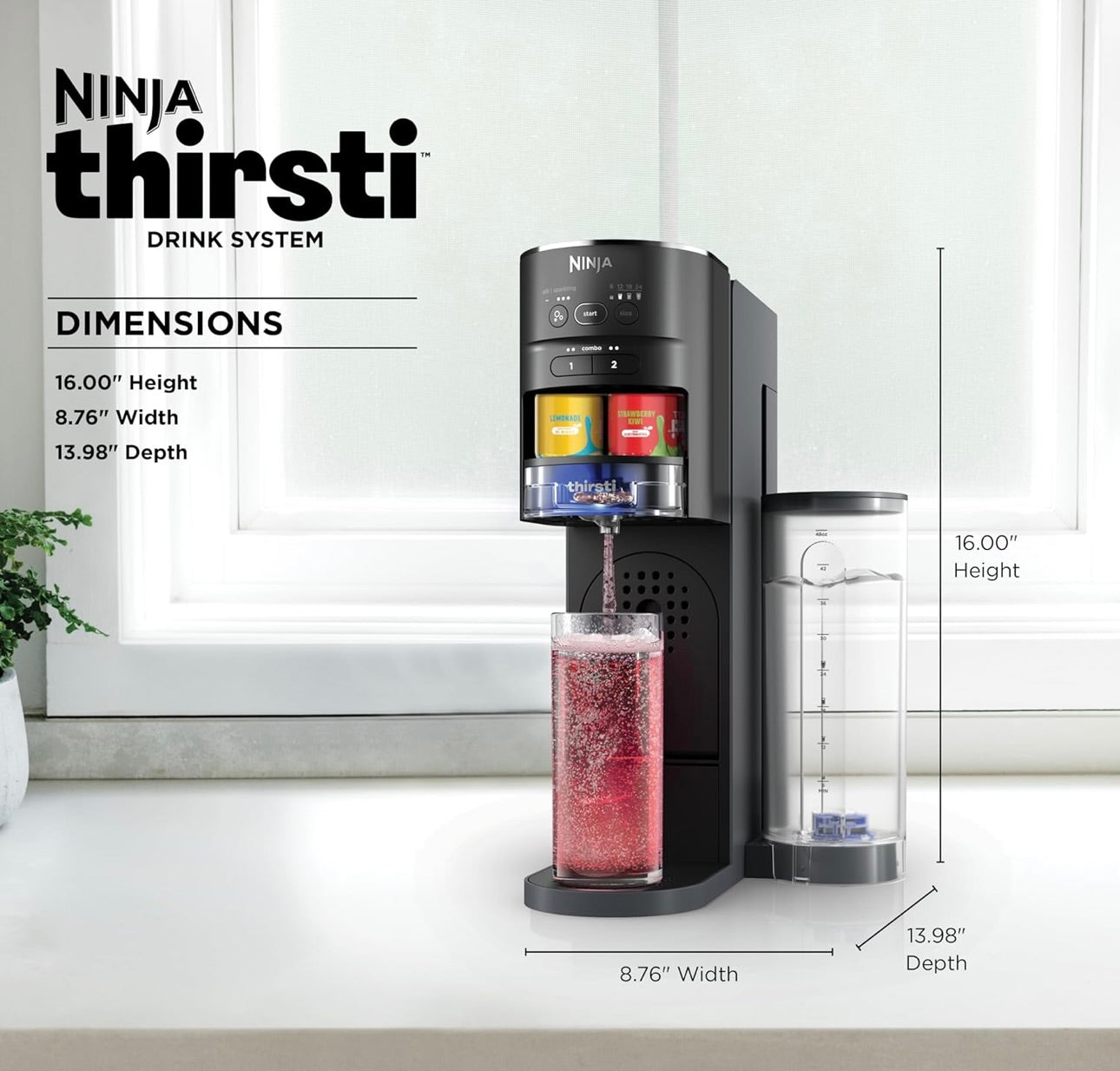 Ninja Thirsti Drankstelsel, Koeldrankmaker, Skep Unieke Vonkel- en Stil Drankies, Pas Grootte en Geur Aan, Koolzuurhoudende Watermasjien, 60L CO2-silinder en Verskeidenheid Gegeurde Waterdruppels - Swart