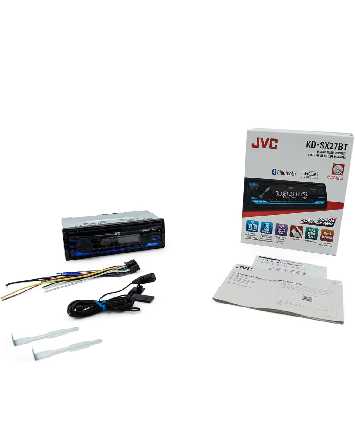 JVC KD-SX27BT Kar Stereo met Bluetooth, 100W Digitale Media Ontvanger, 1.5A USB om Toestelle te Laai, Enkel DIN Hoofeenheid, AM/FM, Aux-in, JVC Afstandsbeheer App