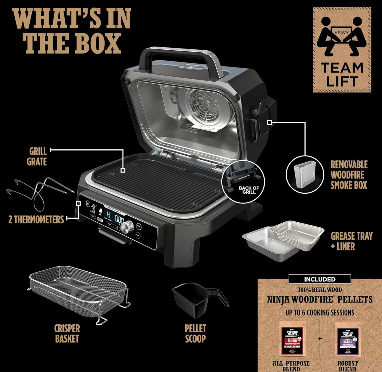 Ninja Woodfire Pro Connect Premium XL Buitenbraaier en Roker, Bluetooth, Toepassing-geaktiveer, 7-in-1 Meesterbraaier, BBQ-Roker, Buitelug-lugbraaier, Houtvuur-tegnologie, 2 Ingeboude Termometers - Swart