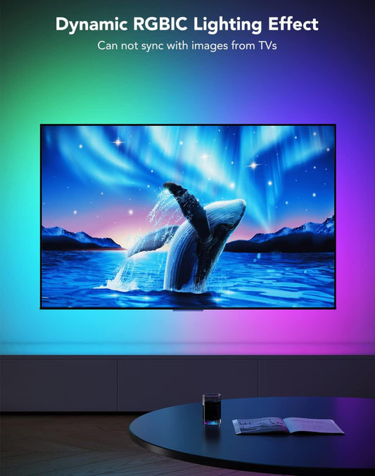 Govee TV LED Agtergrondbeligting, RGBIC Slim LED-strookligte vir 55-65 duim TV's, Bluetooth- en Wi-Fi APP-beheer, werk met Alexa en Google Assistant, Musieksinchronisasie, 99+ Toonmodusse, Adapter