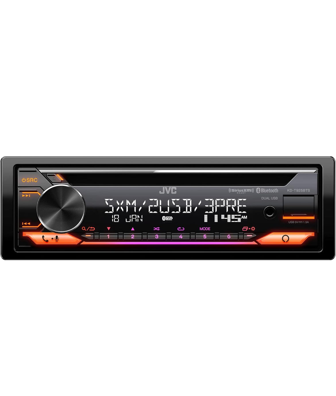 JVC KD-T925BTS Bluetooth Motorstereo-ontvanger met USB-poort – LCD-skerm - AM/FM Radio - MP3-speler - Dubbel DIN – 13-band EQ (Swart)