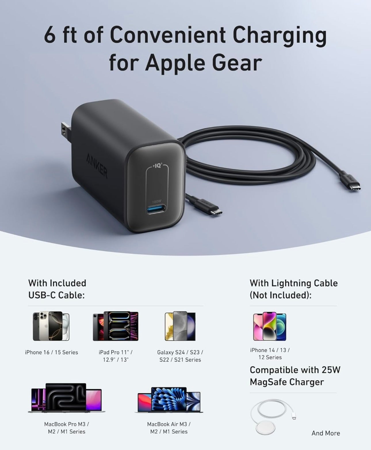 Anker Nano Charger, 100W Foldable MacBook Charger for iPhone Series, and All USB-C Devices, 6ft USB-C Cable Included