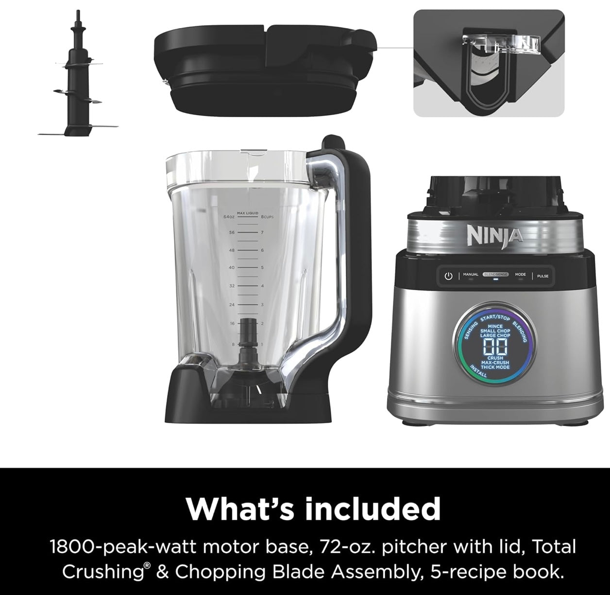 Ninja TB201 Detect Power Blender Pro, BlendSense Technology, For Smoothies, Shakes & More, 1800 Peak Watts, 72 oz. Pitcher, Blender - Black