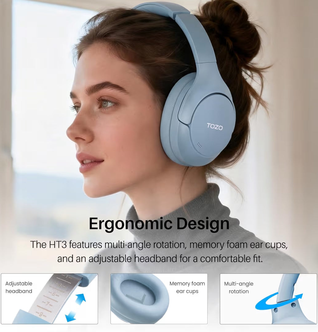 HT3 Hybrid Noise Cancelling Headphones, 90H Battery Life Over Ear Bluetooth 6.0 Foldable Headset, AI Voice Assistant - Blue