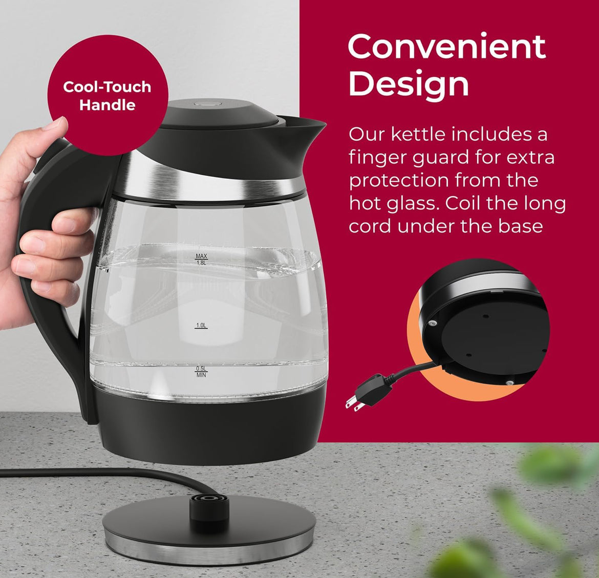 Elektriese Ketel, Elektriese Teeketel om Water Te Kook, 1500W Spoedkoker met Outomatiese Afskakeling, 1.8L Koordloos met LED-lig, Borosilikaatglas Teeketel Pot Waterverwarmer, BPA-vry