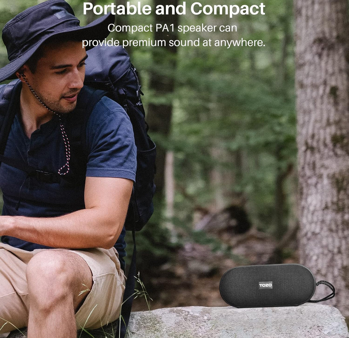PA1 Bluetooth Portable Speaker Built-in Microphone Stereo Sound, 25H Playtime, IPX7 Waterproof - Matte Black