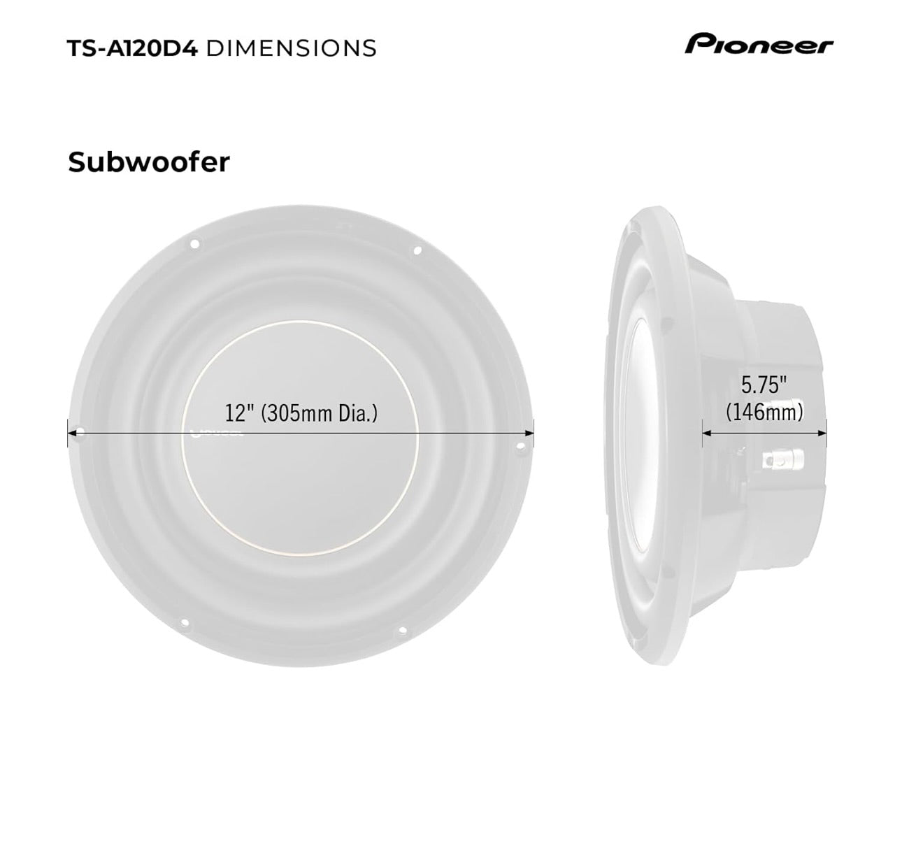 Pioneer TS-A120D4 12” Oversized Subwoofer, 1500 Watts Peak Power, Double 4 Ohms Voice Coil for Deep, Enhanced Bass Response, Shallow Design, Flexible Fit