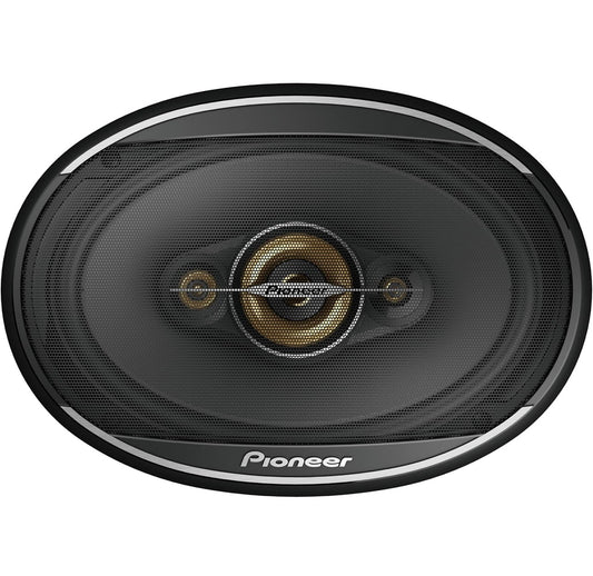 Pioneer TS-A6971F, 4-rigting koaksiale motorluidsprekers, volle reeks, helder klankgehalte, maklike installasie en verbeterde basweergawe, swart en goudkleurige 6” x 9” ovaal luidsprekers