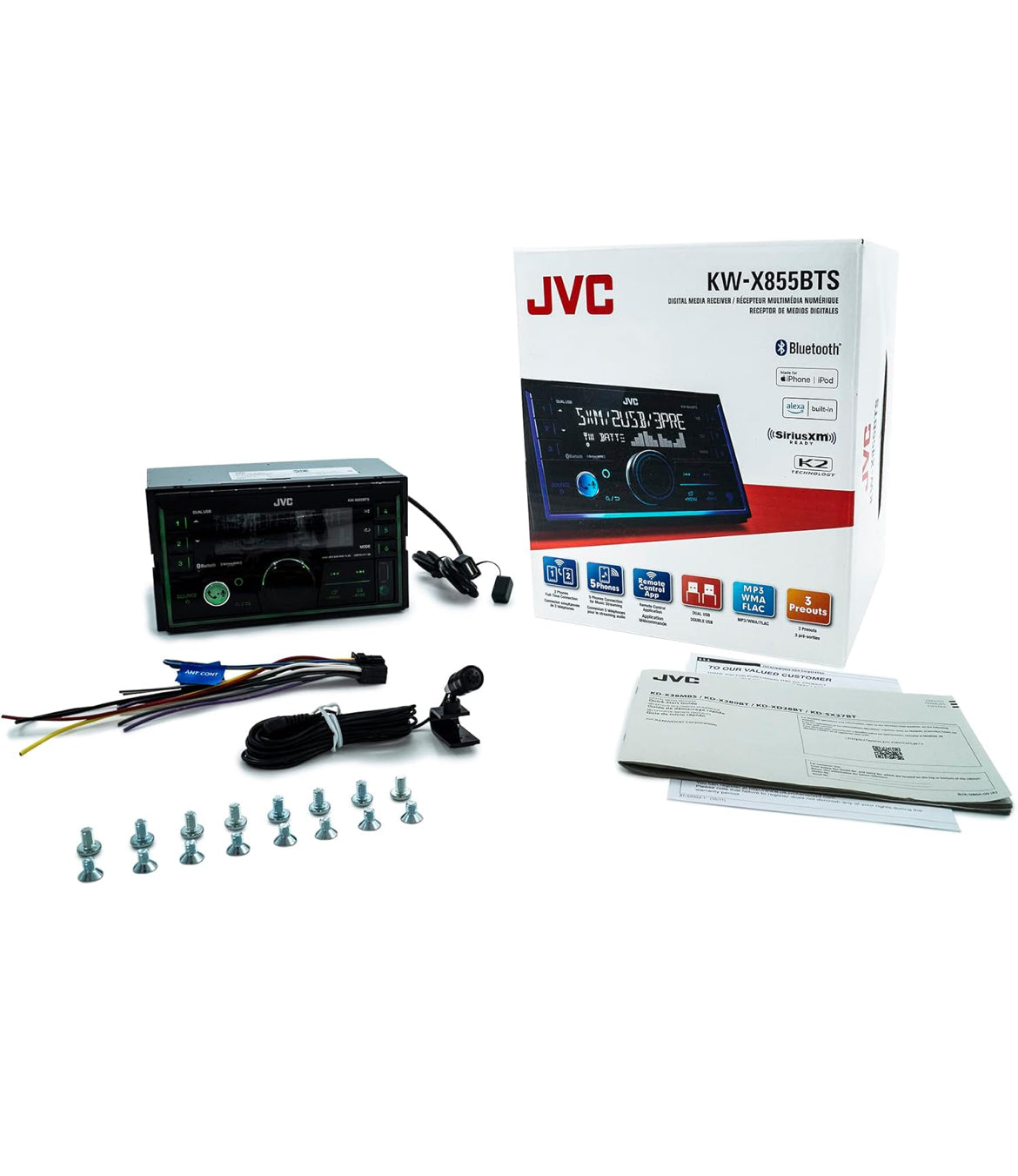 JVC KW-X855BTS Bluetooth Motorstereo Digitale Media Ontvanger met USB-poort, AM/FM-radio, MP3-speler, Amazon Alexa, Android, iPhone, Dubbel DIN, 13-band EQ