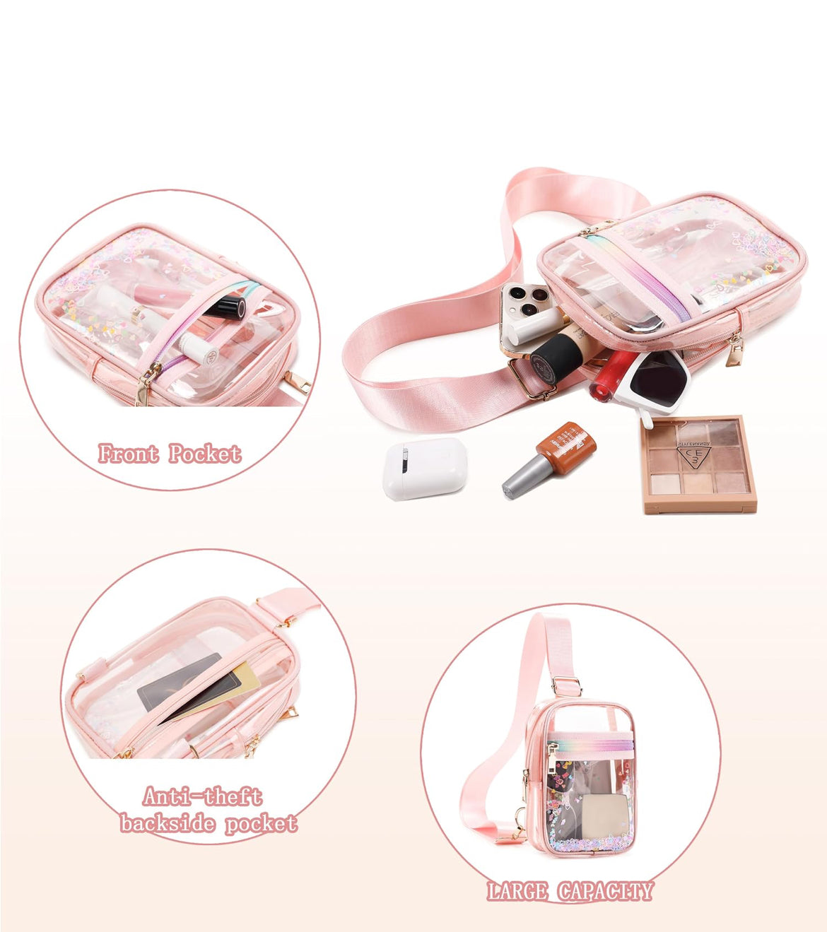 Clear Crossbody Bags for Women Girls Stadium Approved Sling Pack Bag Shoulder Belt Purses Transparent Chest Backpack