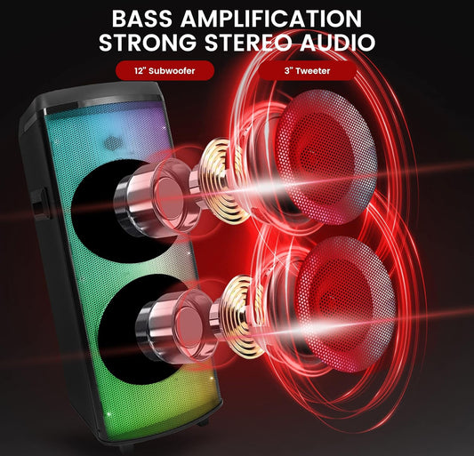 Herlaaibare Bluetooth Draagbare PA Partytjie Luidspreker - 600W Dubbel 12” Binne-/Buitelug BT Karaoke Oudiostelsel, TWS, X-Bas Funksie, Flitsende Partytjie Vlamligte, MP3/USB/AUX/FM Radio, Drahandvatsel