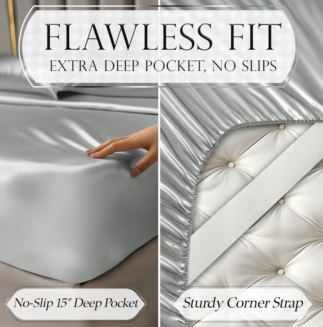 DECOLURE Satin Bed Sheets - 4 Piece Luxury Silky Queen Size Bedding Set - Softer Than Silk, Wrinkle-Free with 15” Deep Pocket Fitted Sheet, Perfect for Hair & Skin, Gifts for Women (Grey)