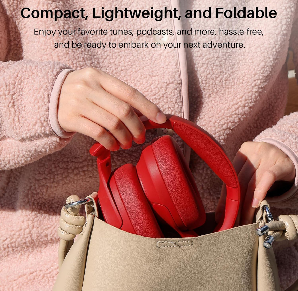 HT2 Hybrid Active Noise Cancelling Headphones, Wireless Over Ear Bluetooth Headset, 60H Playtime - Red