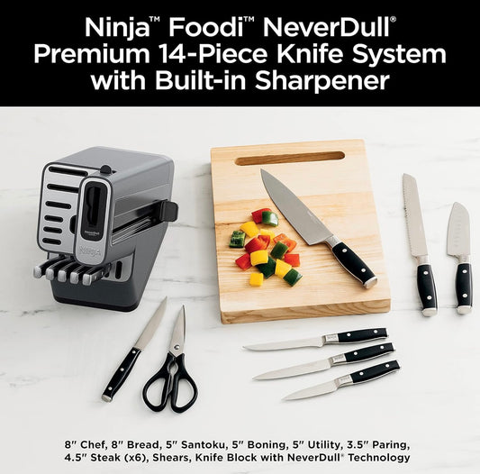 Ninja Messestel, Messkerper, Messeblokstel, Vlekvrye Staal Messe, 14 Stukke Stel, Steakmesse, Sjefmesse en Meer, Foodi NeverDull, Swart, K32014