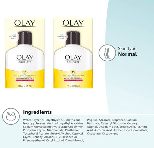 Olay Gesigbevogtiger, Volledig met Sonskerm SPF 15, Daaglikse Gesigsbeskerming teen die Son - Vitamien C, E, en Niasinamied - 6 Oz (2 Pak)