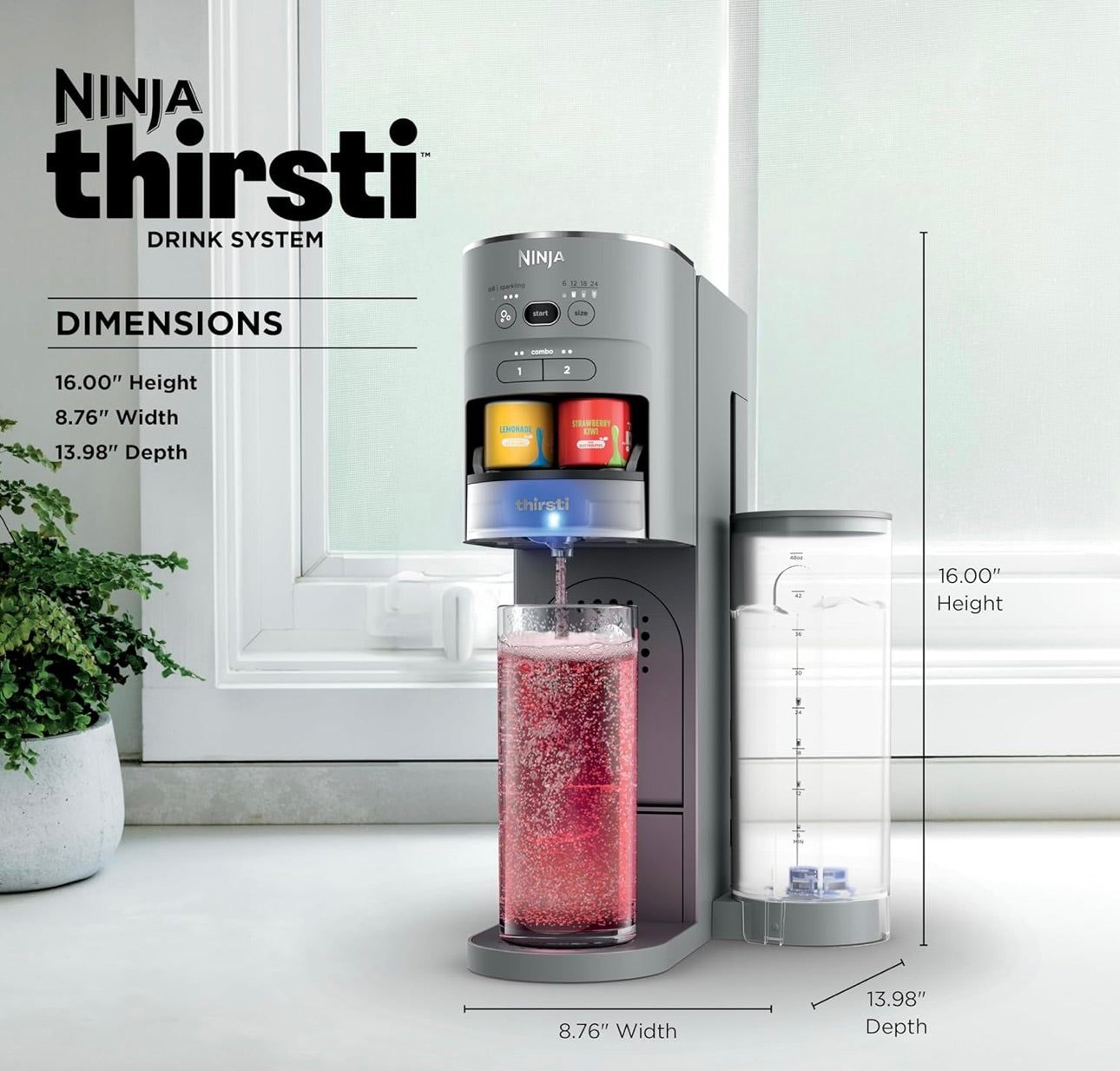 Ninja Thirsti Drankstelsel, Koeldrankmaker, Skep Unieke Vonkel- en Stil Drankies, Verpersoonlik Grootte en Geur, Koolzuurwatermasjien, 60L CO2-silinder en Verskeidenheid Gegeurde Waterdruppels - Grys
