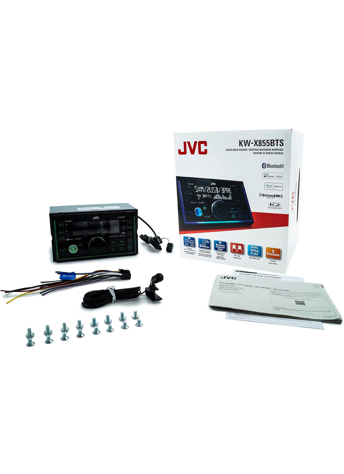 JVC KW-X855BTS Bluetooth Motorstereo Digitale Media-ontvanger met USB-poort, AM/FM-radio, MP3-speler, Amazon Alexa, Android, iPhone, Dubbel DIN, 13-band EQ