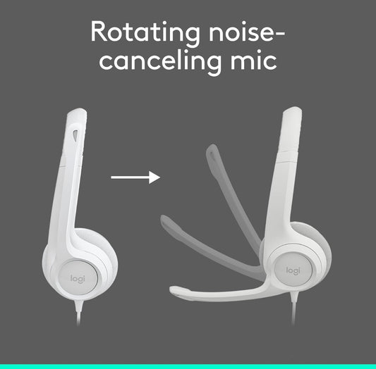 Logitech H390-speletjieshoofoorfone, bedrade koptelefoon met mikrofoon, USB-koptelefoon met mikrofoon vir rekenaar, geraasdempende mikrofoon vir videovergaderings, musiek, speletjies – Spierwit