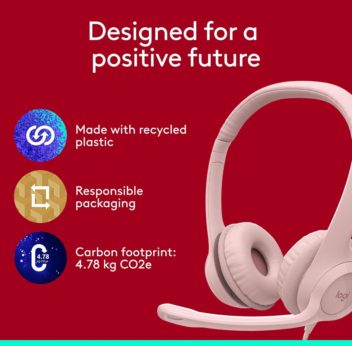 Logitech H390-speletjieshoofoorfone, bedrade hoofoorfone met mikrofoon, USB-kopstuk met mikrofoon vir rekenaar, ruisonderdrukkende mikrofoon vir videovergaderings, musiek, speletjies – Roos