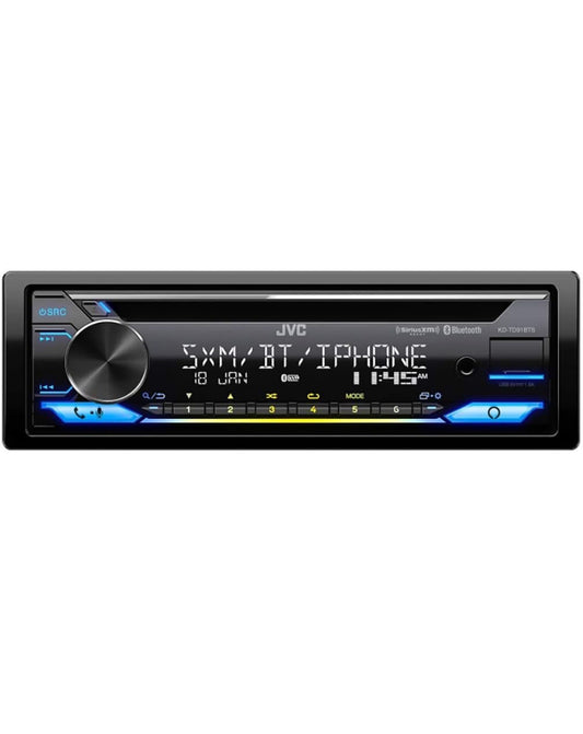 JVC KD-TD91BTS Bluetooth Motorradio-ontvanger met USB-poort – 2-reël LCD-skerm, AM/FM-radio – CD- en MP3-speler – Amazon Alexa-geaktiveer – Enkel-DIN – 13-band EQ (Swart)