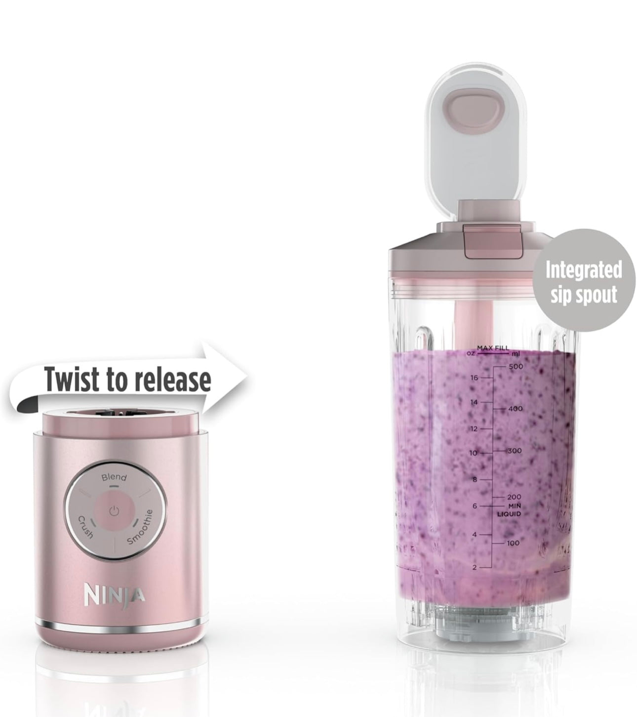Ninja Blast Max, Portable Blender + Twist & Go, Personal Smoothie, Blend, Ice Crush, 3 Programs, Cordless, 22 oz - PINK, BC251PK