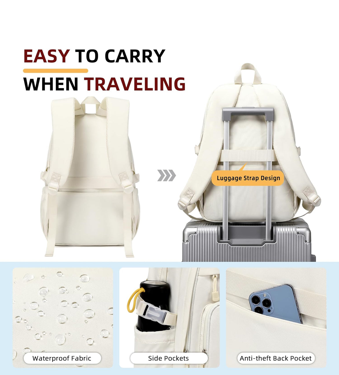 College Bookbag Laptop Backpacks 15.6 Inch Kids Elementary School Bag for Teens Girls Boys Water Resistant Sport Travel Back Pack Women Men Work Business Computer Rucksack Off White