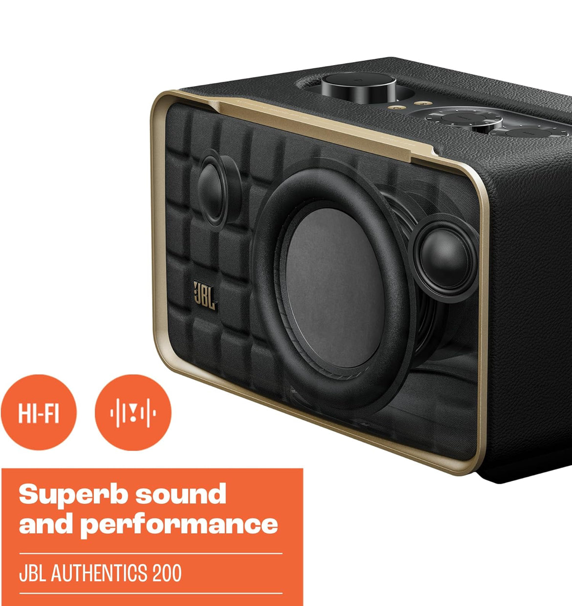 JBL Retro Style Authentics 200 Smart Home Speaker with Built in Wi-Fi, Bluetooth and Voice Assistants - (White/Gold)