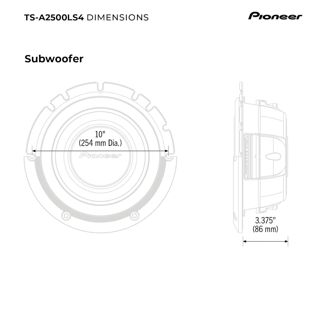 Pioneer TS-A2500LS4 10” Vlakmontering Komponent Subwoofer, 1200 Watt Maks Krag