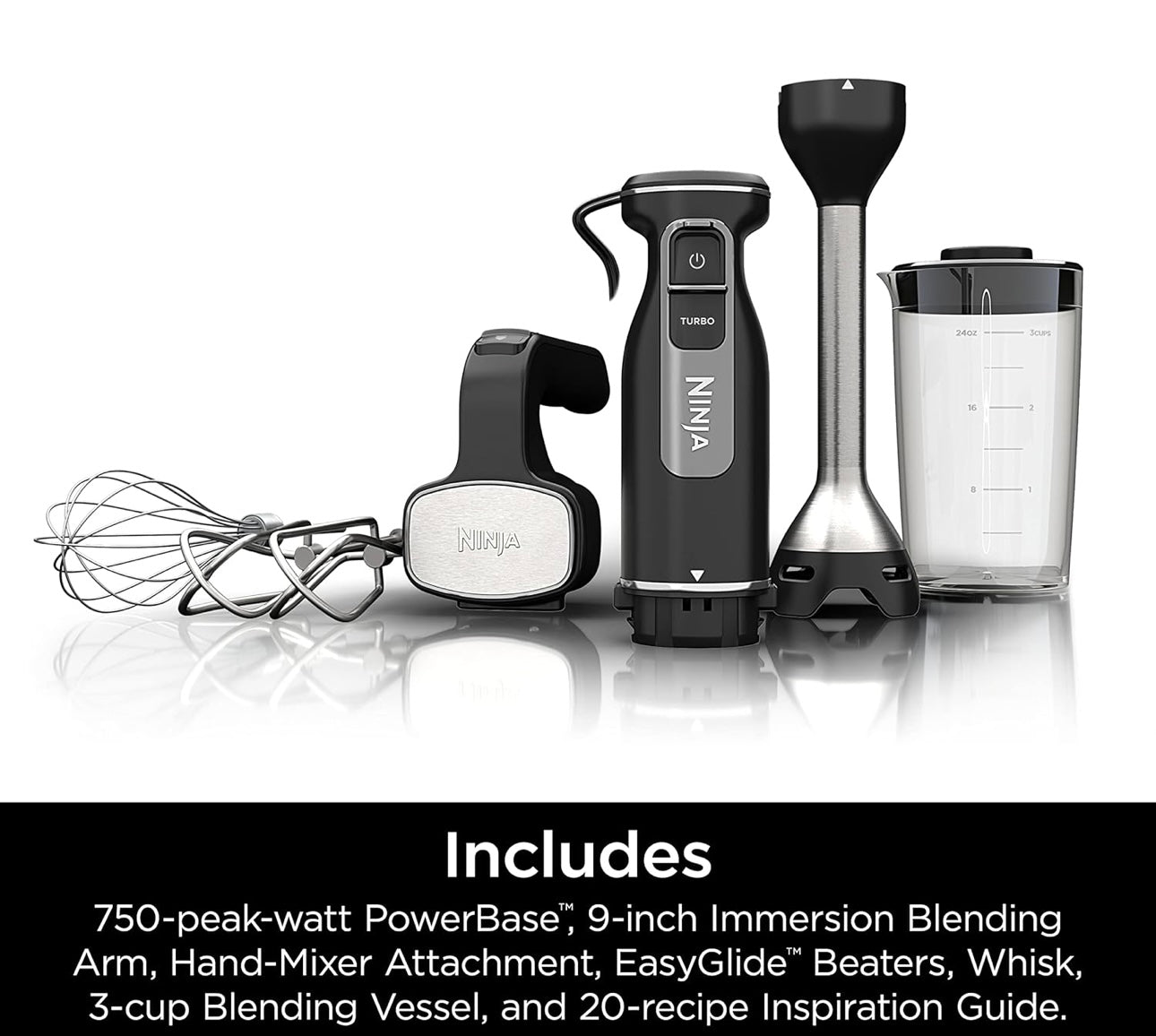 Ninja Hand Mixer, Immersion Blender, Foodi Power Mixer System, 750-Peak-Watt Handheld Emulsion Blender & Electric Hand Mixer Combo - Black CI101