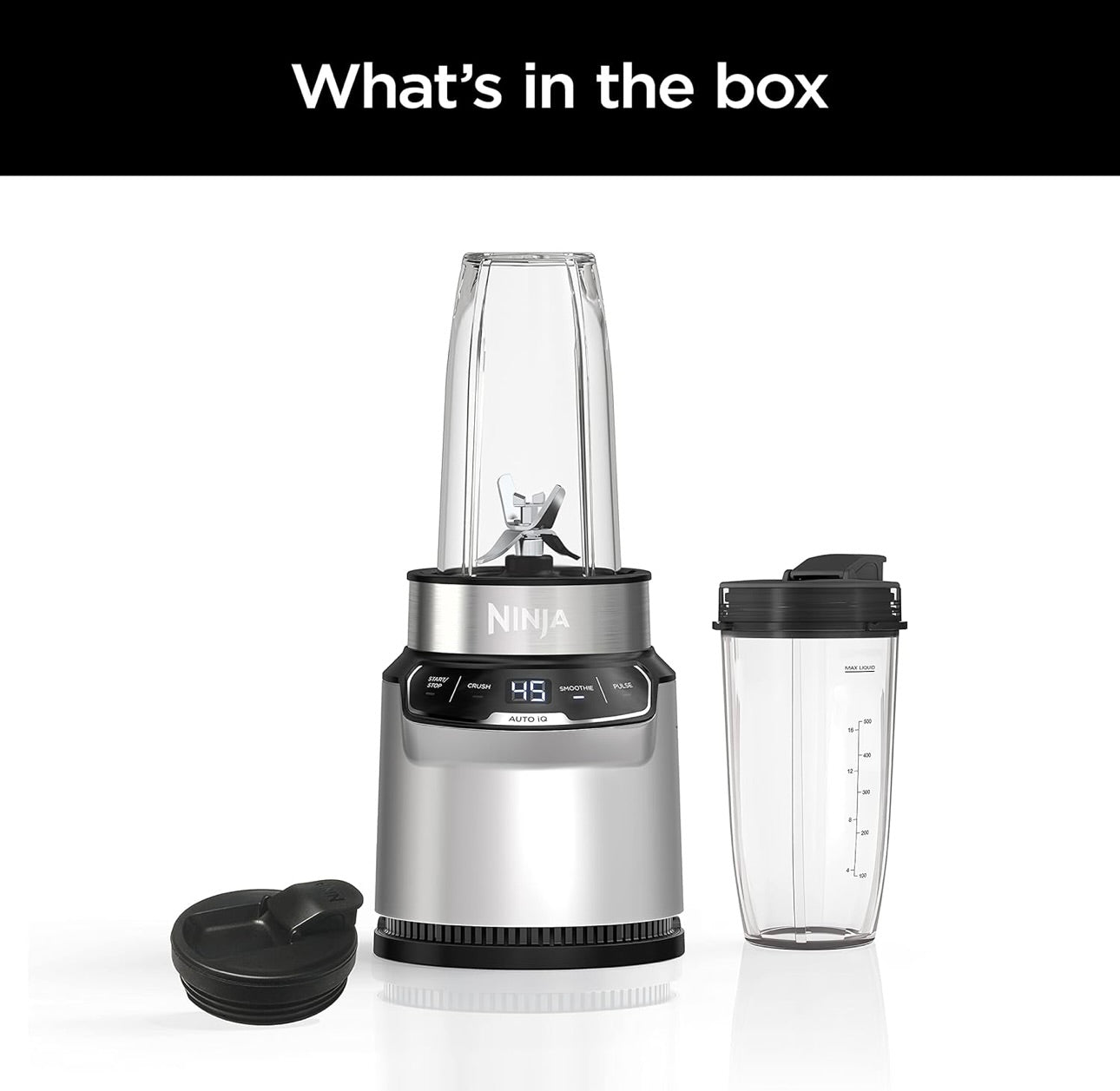 Ninja BN401 Nutri Pro Compact Personal Blender, Auto-iQ Technology, 1100-Peak-Watts, with (2) 24-oz. To-Go Cups & Spout Lids - Cloud Silver