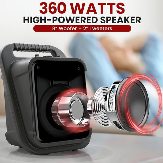 Draagbare Bluetooth PA-luidspreker-360W 8” Herlaaibare Binne/Buite BT Karaoke Klankstelselstel-Partytjieligte, LED-skerm, FM/AUX/MP3/USB/SD, 1/4" in, Dragraam-Koordlose Mikrofoon, Afstandbeheer
