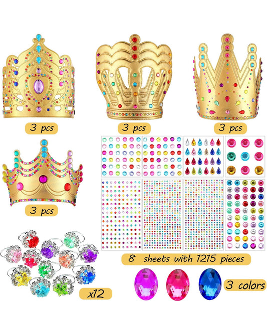 12 PCS Foam Princess Tiaras Crown for Kids 928 Pieces Gem Stickers 12 Gem Rings Craft Making Kits Birthday Party Favors