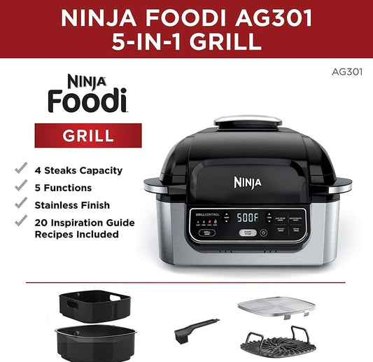 Ninja AG301 Foodi 5-in-1 Binne Elektriese Braaier met Lugbraai, Rooster, Bak & Dehidreer - Programmeerbaar - Swart/Silwer