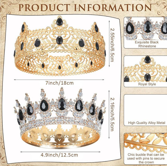 2 Stuks Prom Koning en Koningin Krone vir Mans Vroue Koning Koningin Krone Tiara met Strass vir Trou Verjaarsdag Grad (Swart Goud, Swart Styl)
