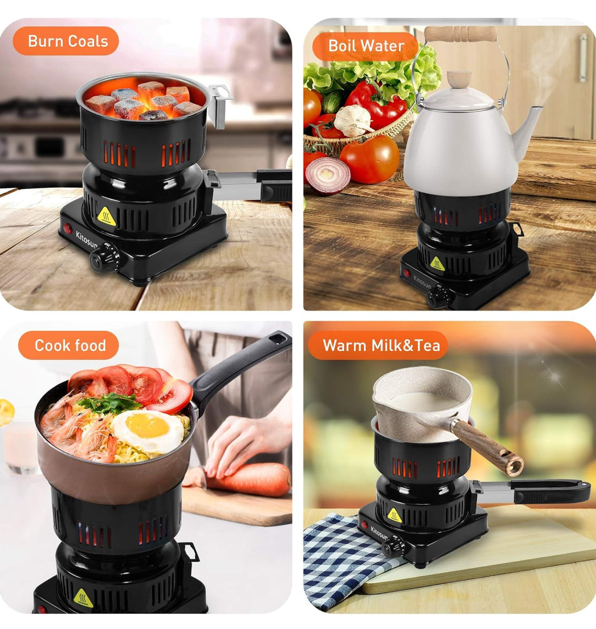 Electric Stove Coconut Charcoal Starter - ETL Approved Hot Plate Durable Faster Coal Burner 120V~600W with Detachable Handle Stainless Steel Grill & Rack Smart Heat Control Long Cable for BBQ Kitchen