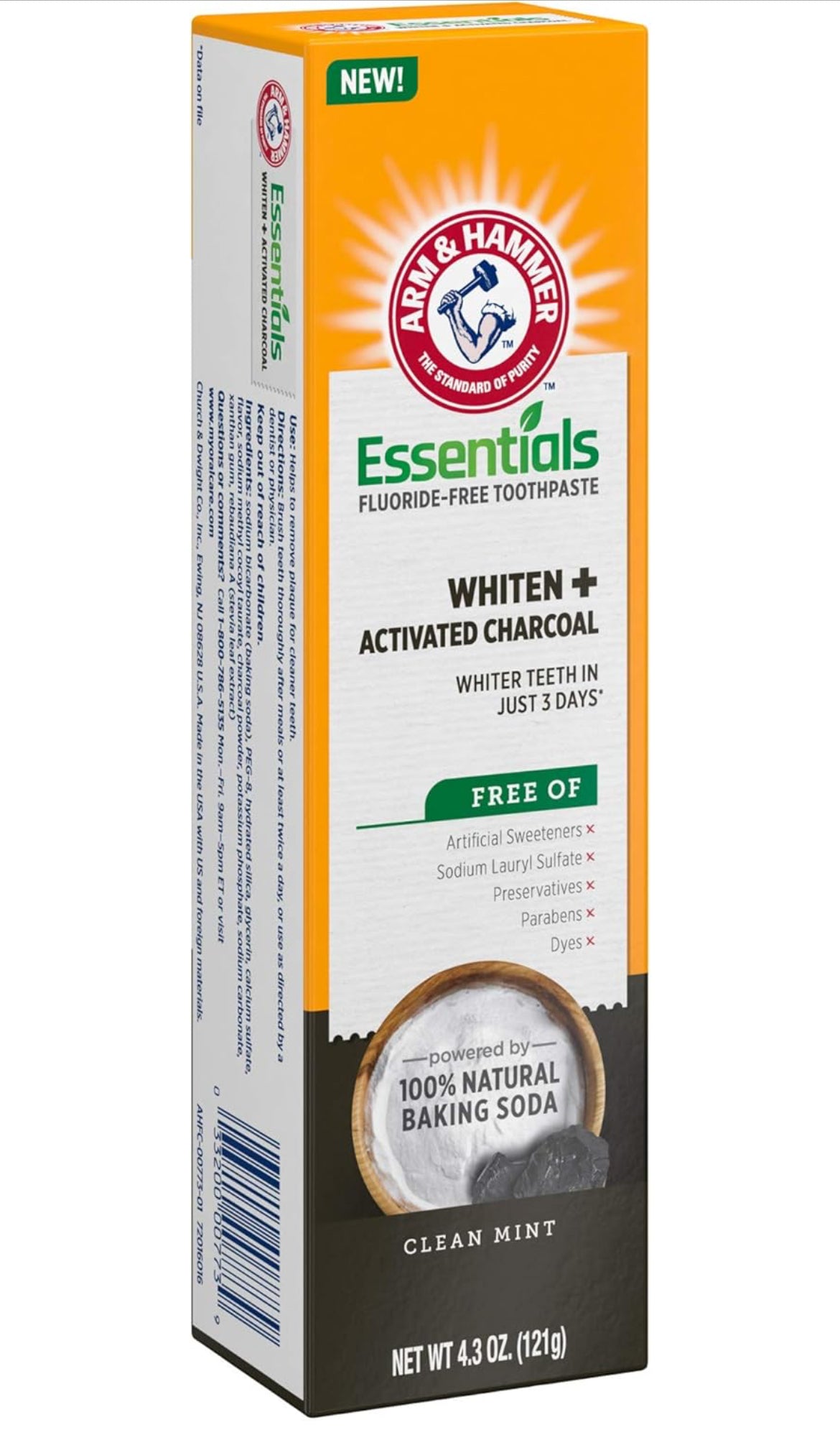 ARM & HAMMER Essentials Fluoride-Free Toothpaste Whiten + Activated Charcoal (Pack of 4)4.3oz - Clean Mint