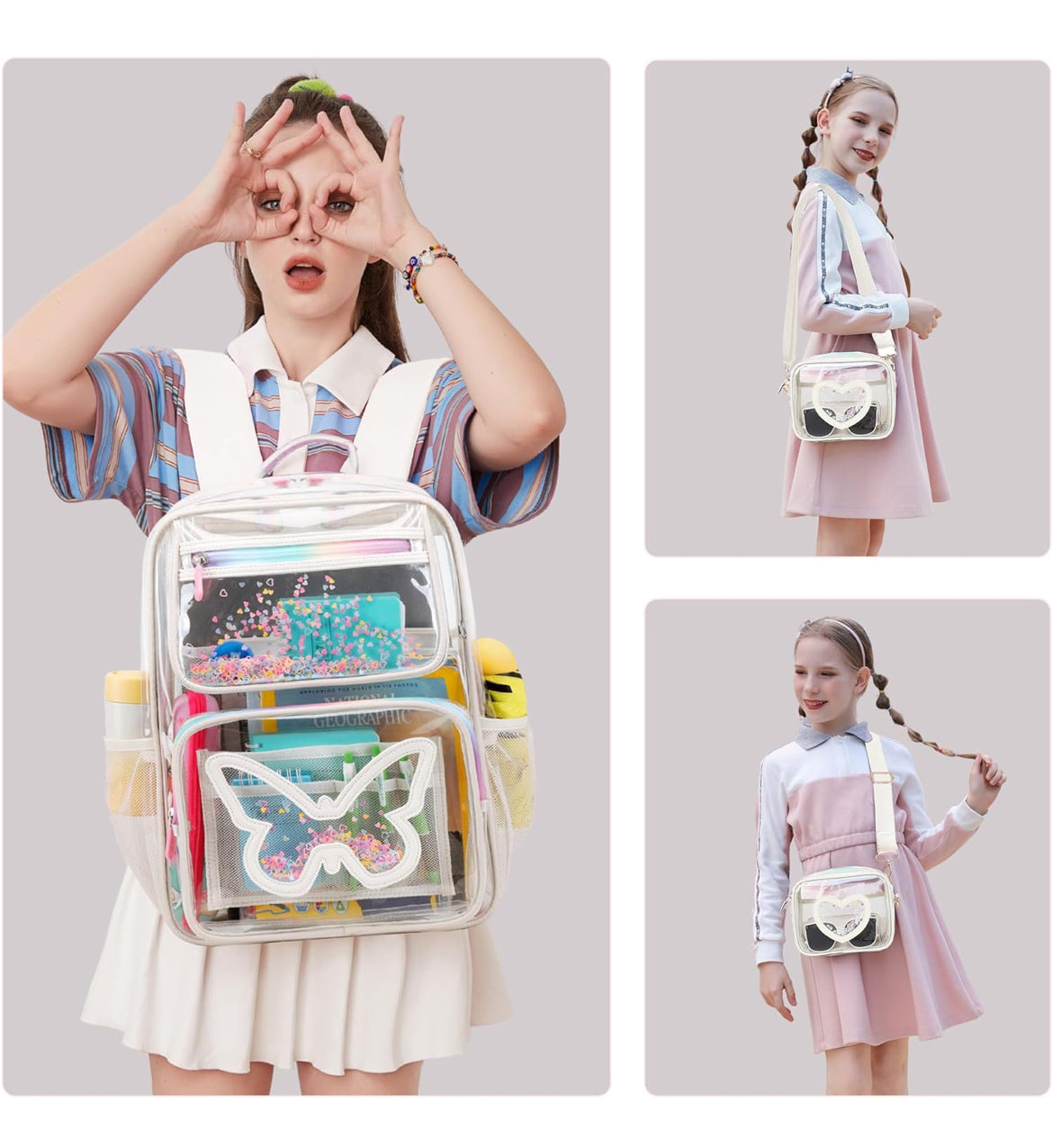 Girls Clear Backpack,2 PCS Large Backpacks Set,Heavy Duty Bookbag Stadium Approved Daypack Transparent Women Bag See Through Daypack for Kids Elementary Middle School Students Teens Sport Beige